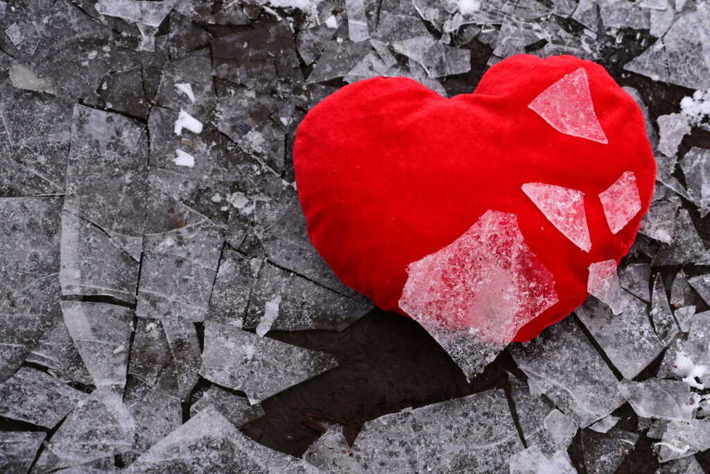 A red heart in shards o ice